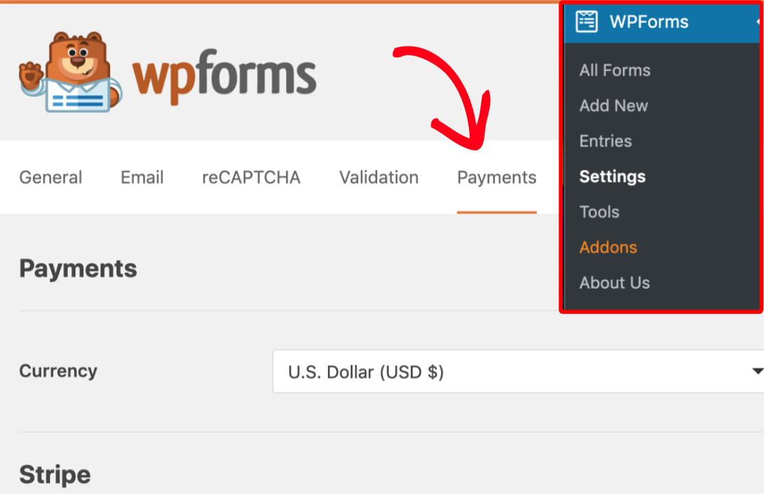 Open Payments Tab Of Wpforms Settings