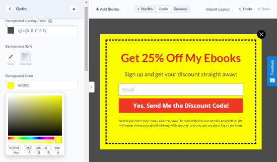 Popup Coupon Yellow Background Example