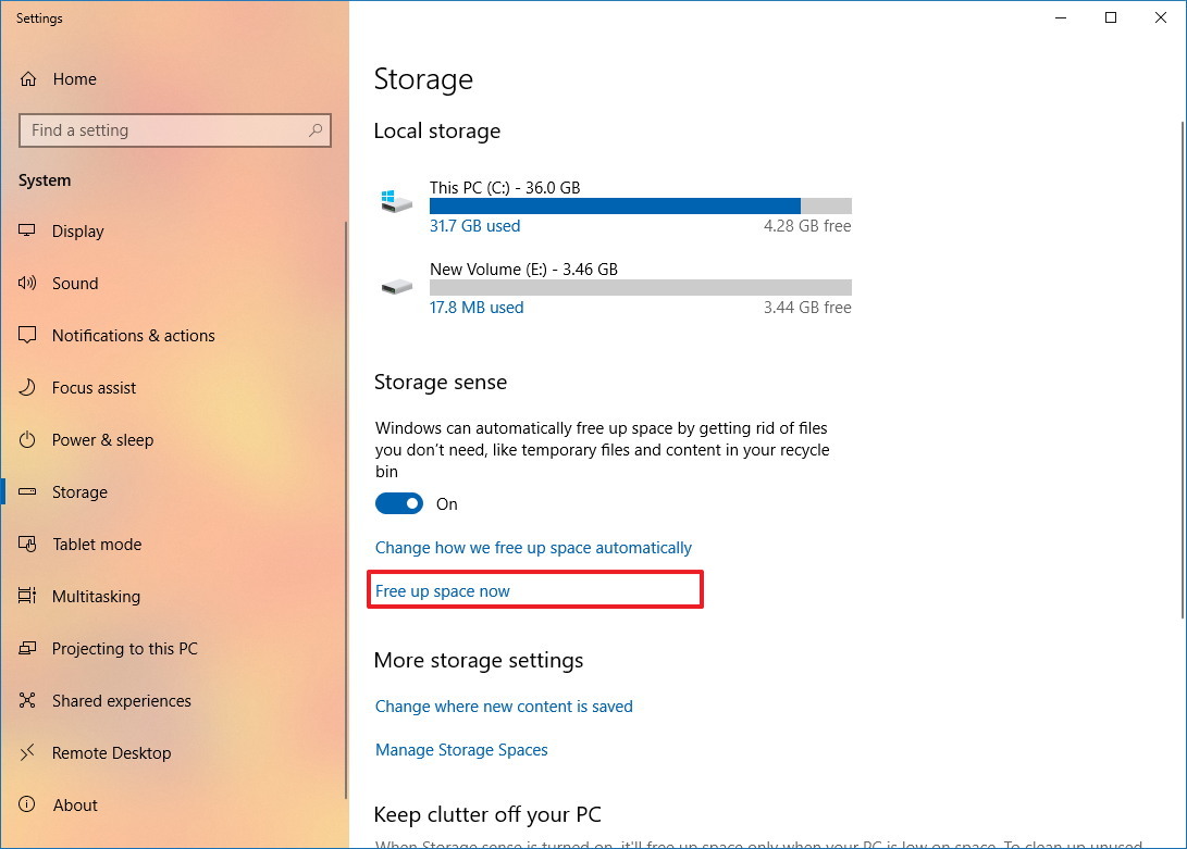 Free Up Space Now Storage Settings
