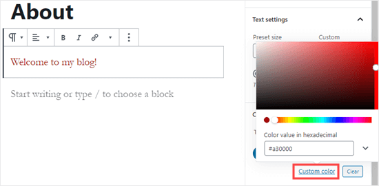 Color personalizado del bloque de selección de WordPress