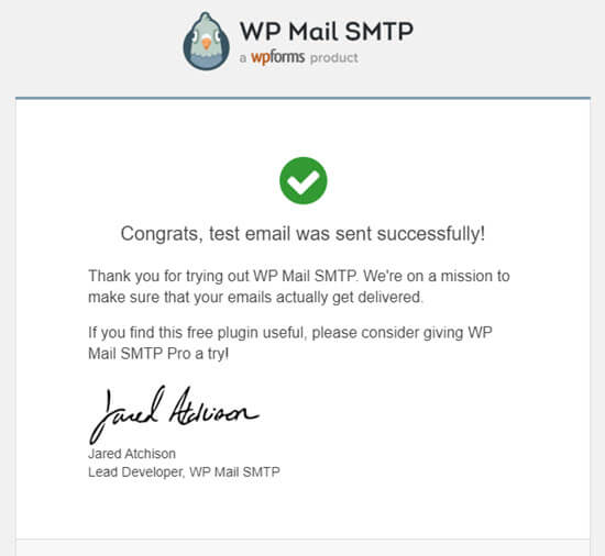 WP Mail Successful Test Email