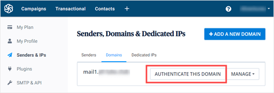 Sendinblue Authenticate Domain Button