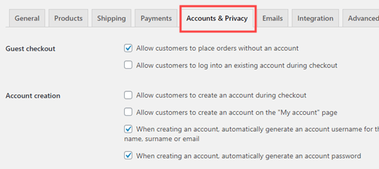 Woocommerce Settings Accounts And Privacy