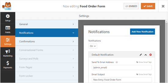 Takeout Order Form Settings Notifications