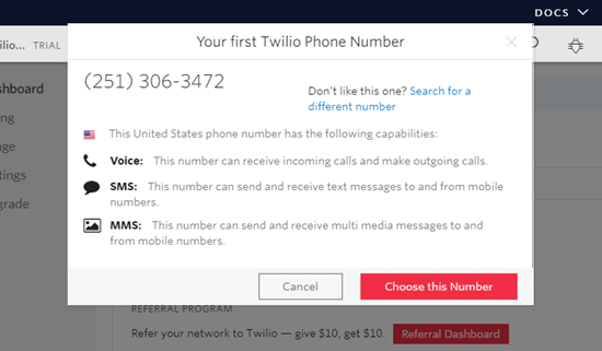 Twilio Trial Phone Number Select