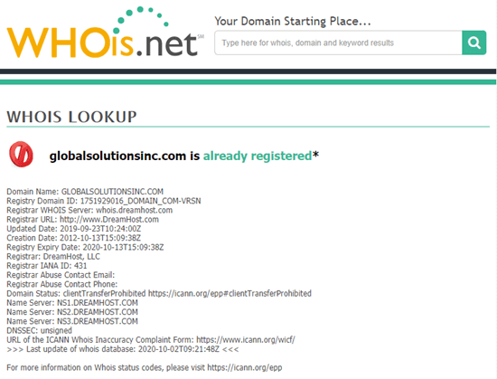 Whois Lookup Results Global Solutions