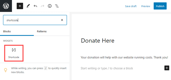Add Donation Shortcode Block