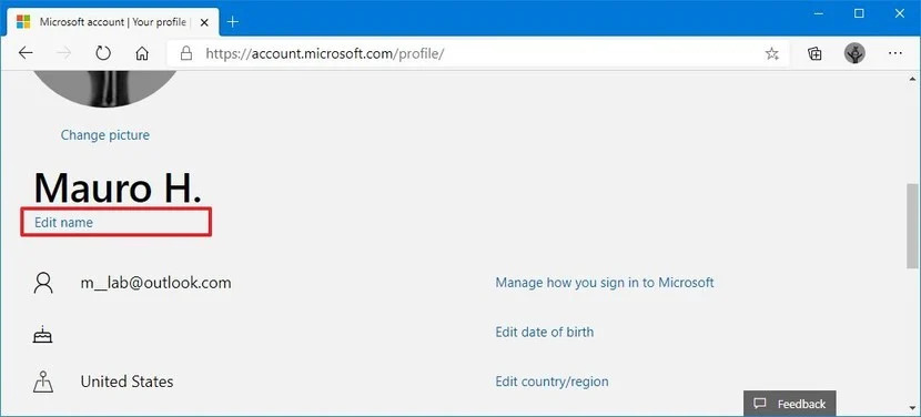 Edit Name Microsoft Account Option