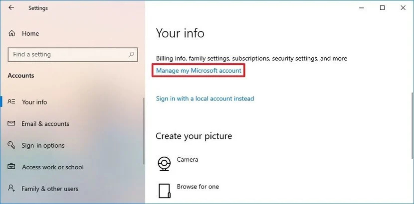 Manage Microsoft Account Option