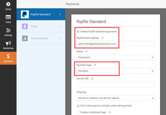 Wpforms Enable Paypal Standard Payments