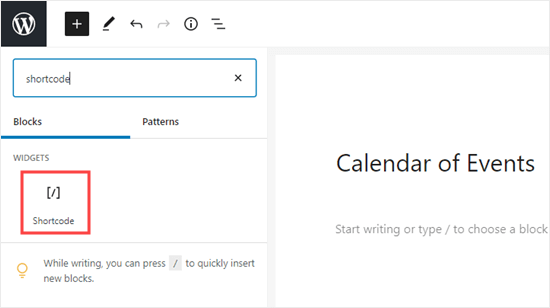 Add Shortcode Block For Calendar