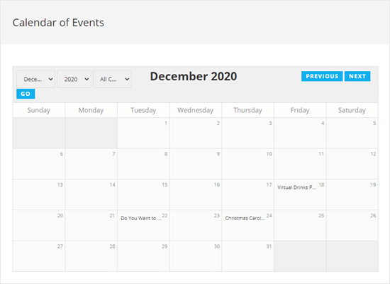 Calendar Of Events On Website