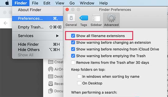 Mostrar extensión de archivo en Mac