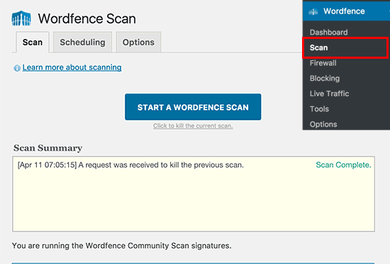 Startscan Wordfence