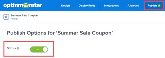 Optinmonster Publish Coupon Live