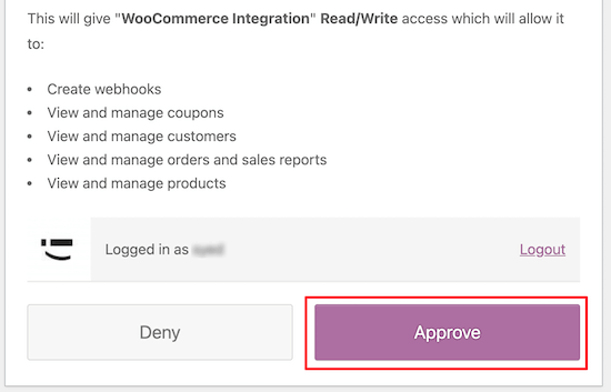 Step Three Give Woocommerce Access Approve