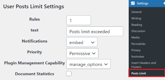 User Posts Limit Settings 1
