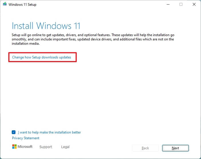 Opzioni di aggiornamento dell'installazione di Windows 11