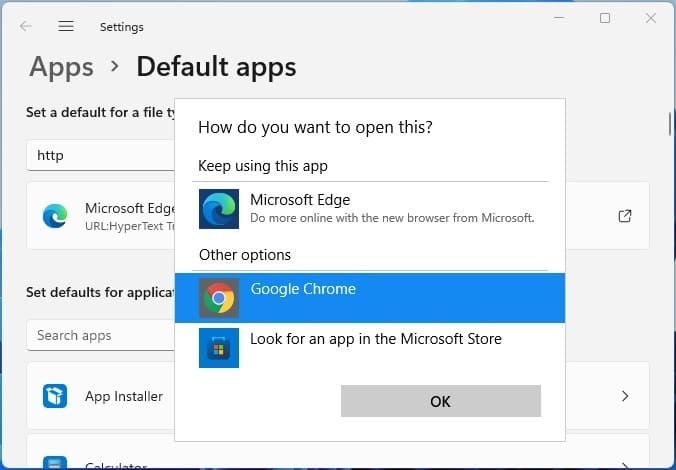 Choose Google Chrome In Windows 11