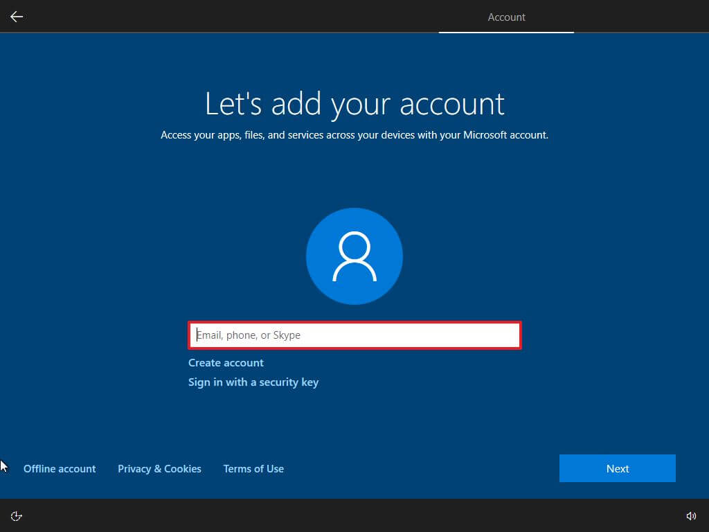 Configurazione guidata creare un account Windows 10