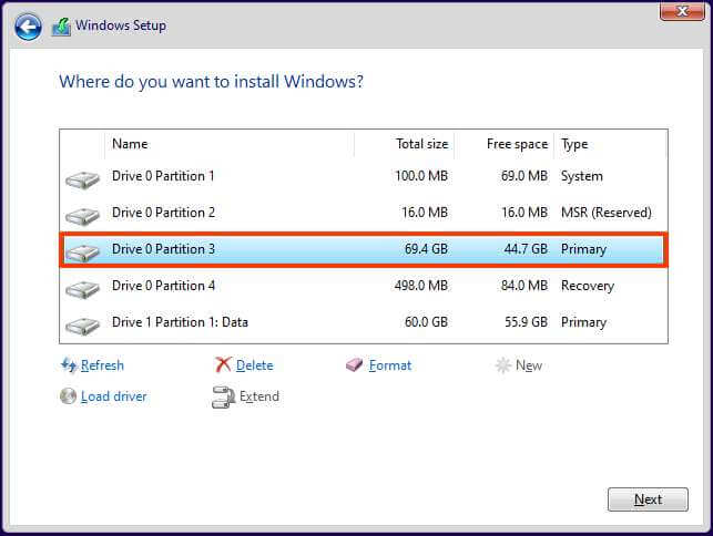 Elimina partizioni Installazione di Windows 11