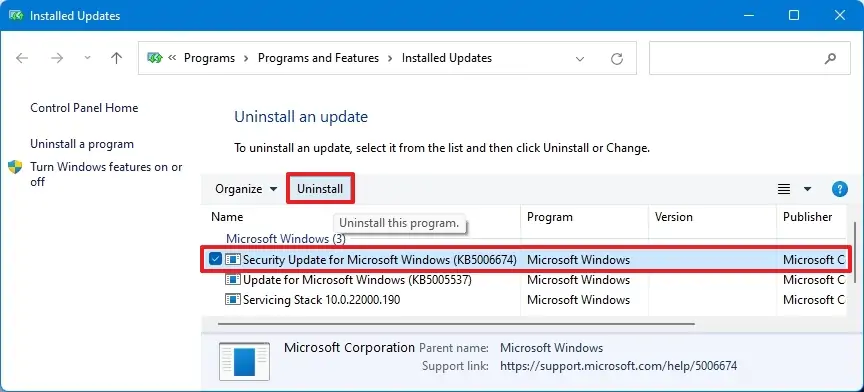Disinstallare l'aggiornamento di Windows 11