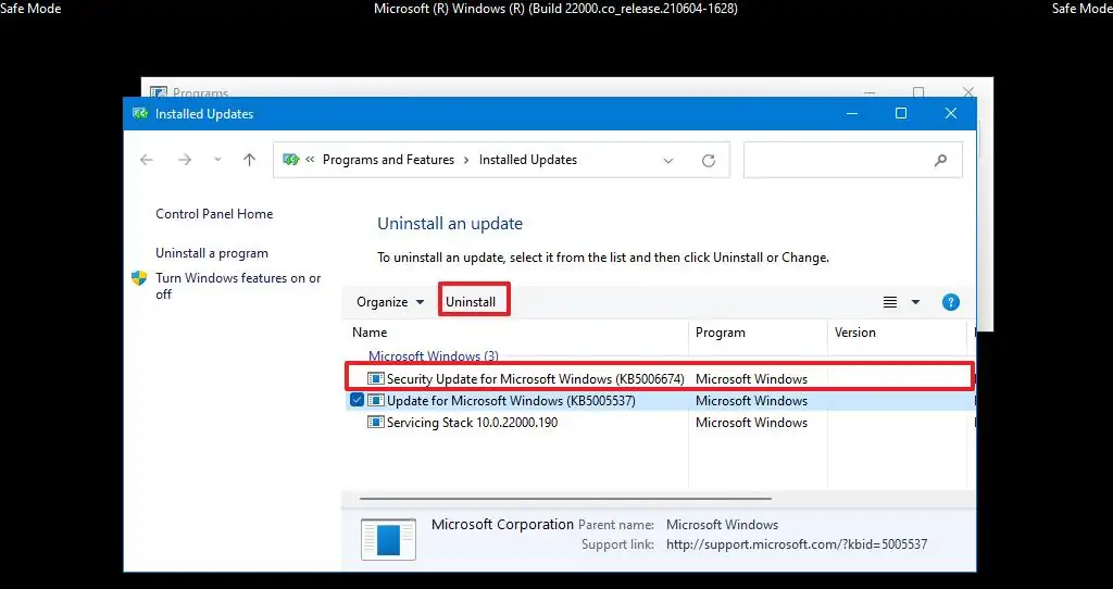 Aggiornamento per la disinstallazione in modalità provvisoria di Windows 11