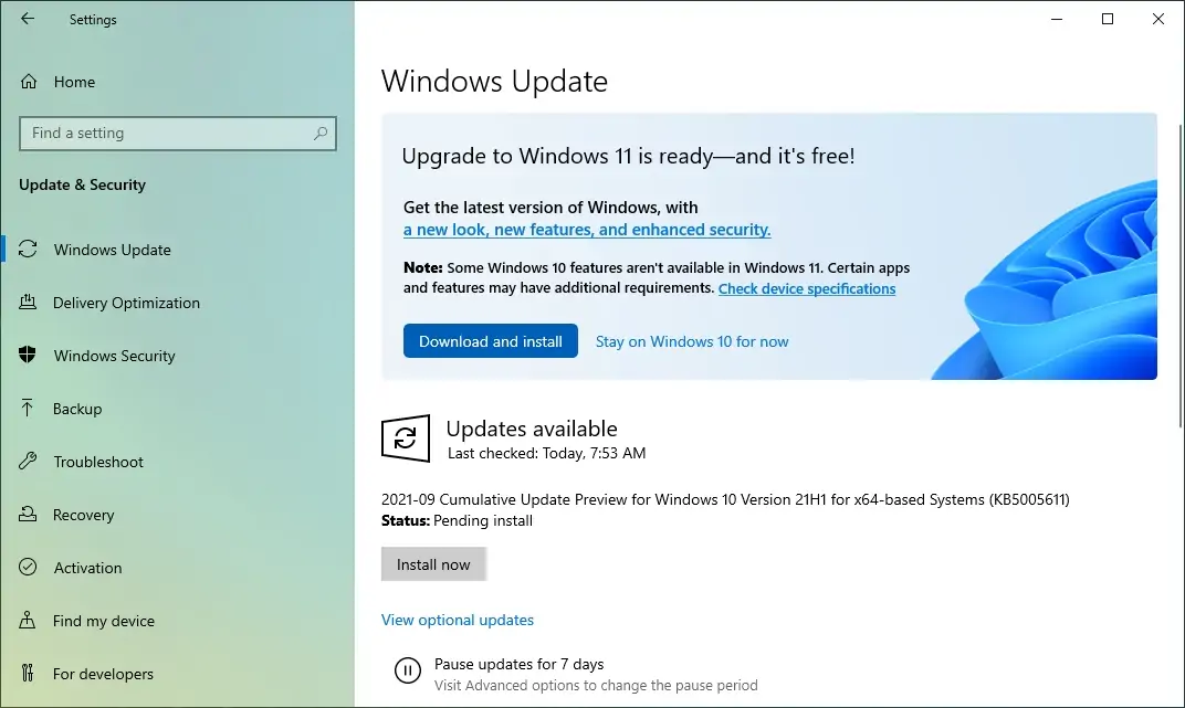 Aggiornamento di Windows 11 tramite Windows Update