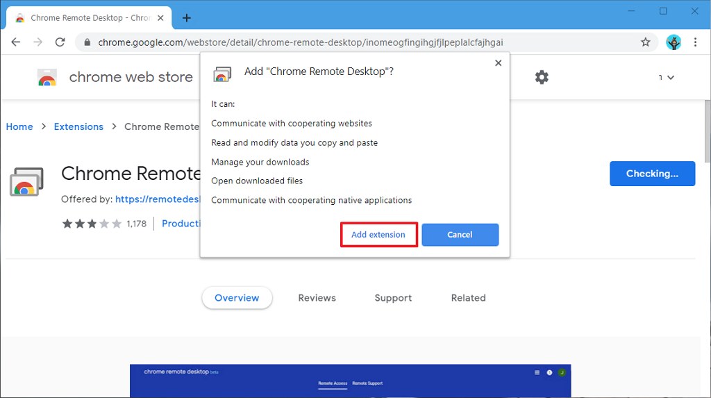 Estensione di installazione di Chrome Remote Desktop