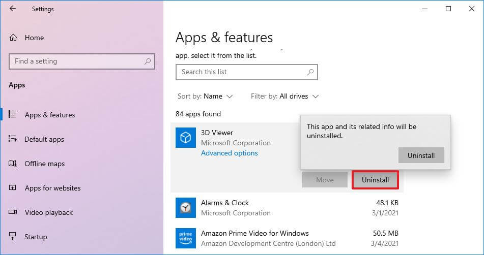 App di disinstallazione delle impostazioni di Windows 10