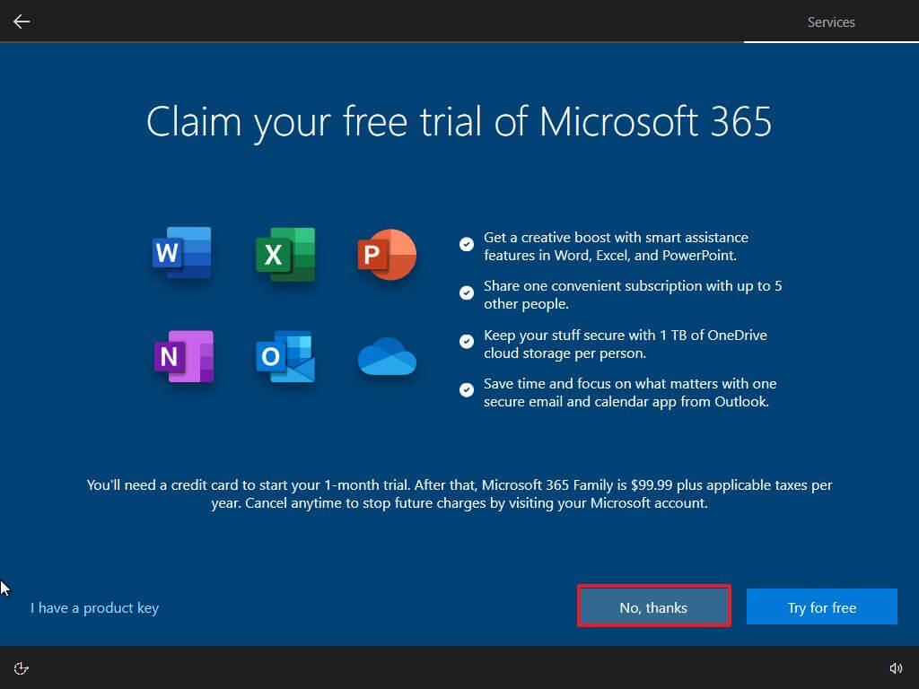 Configurazione guidata salta l'offerta di Microsoft 365