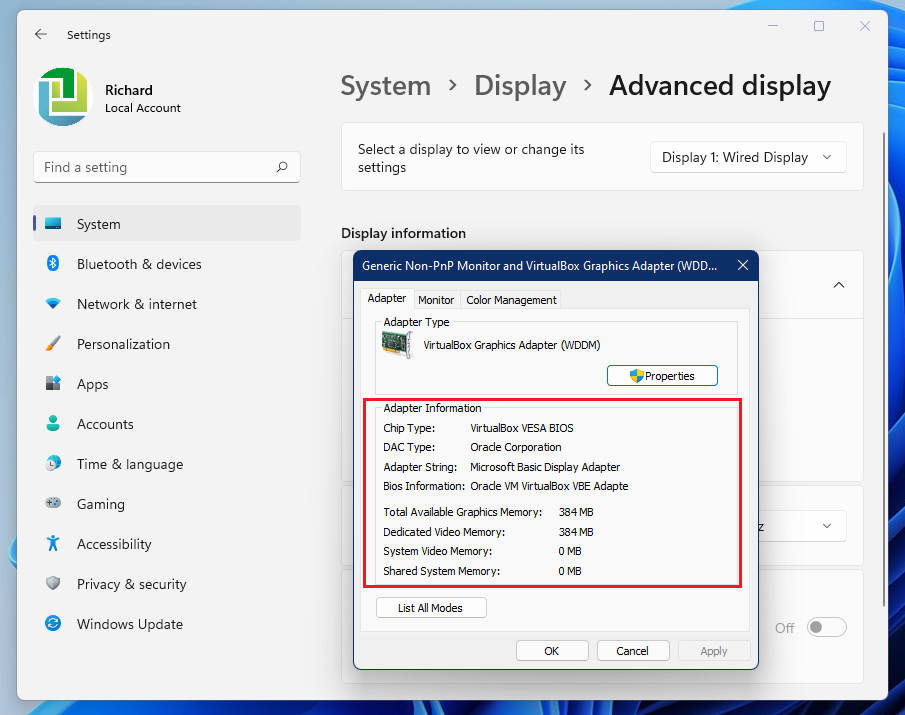 informazioni sull'adattatore di Windows 11