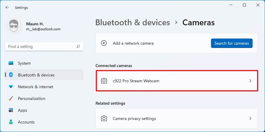 Impostazioni della fotocamera di Windows 11