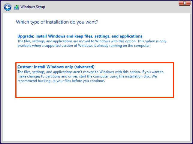 Opzione di installazione personalizzata di Windows 11