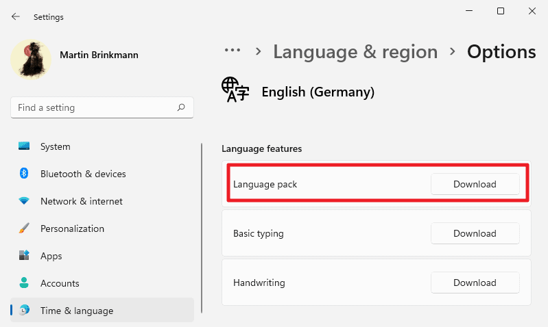 Windows 11 installa il pacchetto lingua