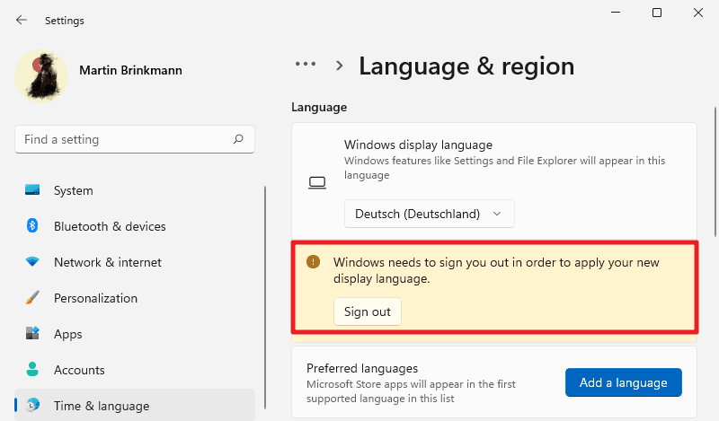 Windows 11 riavvia per cambiare lingua