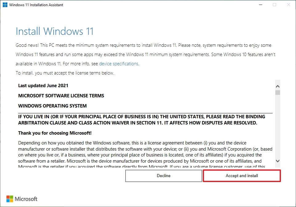 Assistente aggiornamento Windows 11