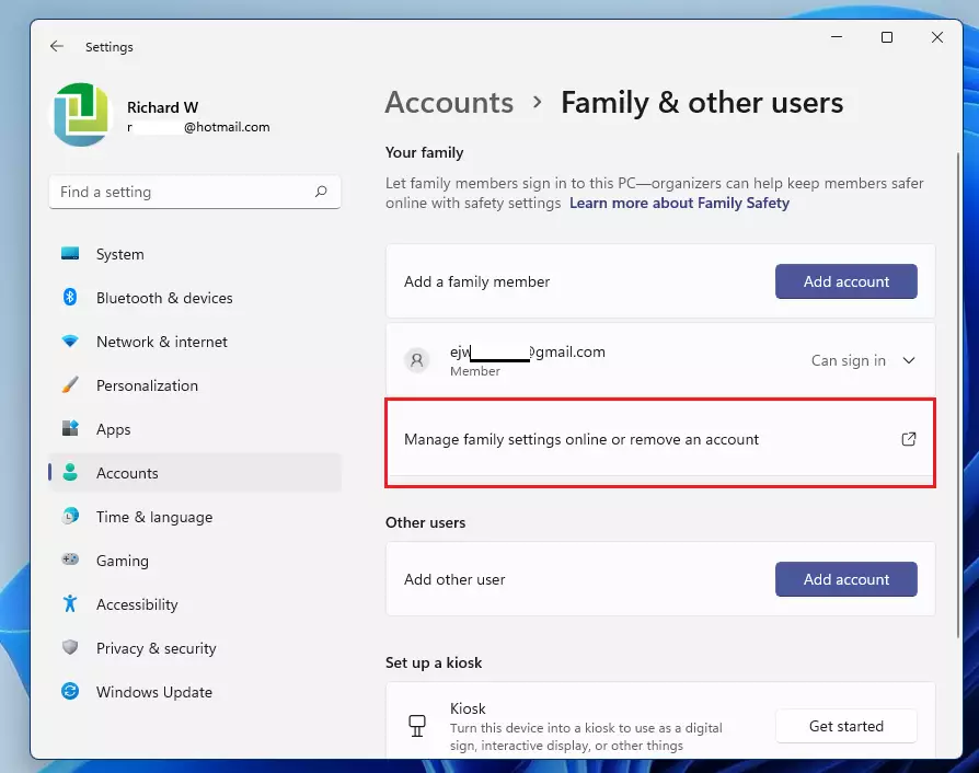Windows 11 gestisce l'account di famiglia