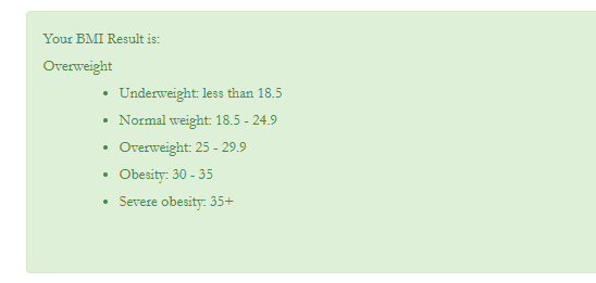 Il risultato predefinito del calcolatore BMI