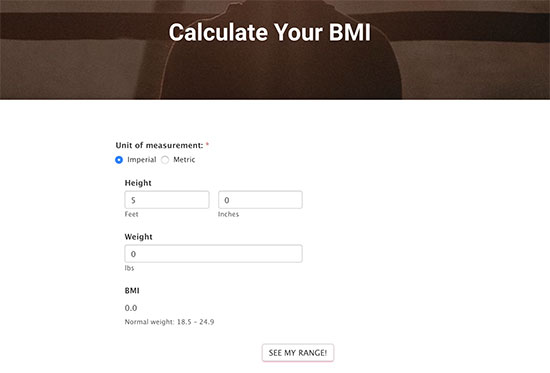 Anteprima di un modulo calcolatrice BMI su un sito web