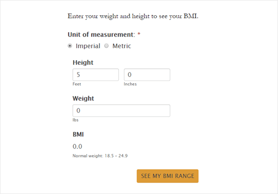 Il modulo calcolatrice BMI con i nuovi stili applicati