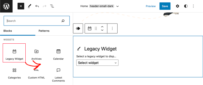Il widget legacy è ora disponibile nell'editor del sito completo